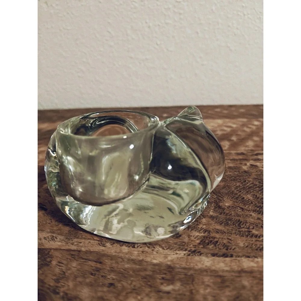 Vintage Indiana Glass Clear Sleeping Cat Votive Candle Holder Heavy Tealight